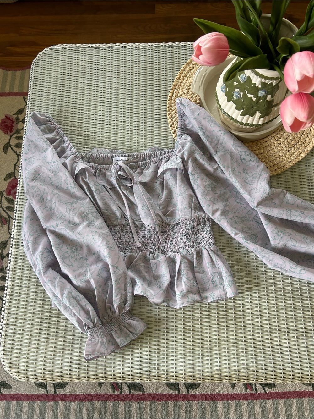 Jacqui E Lavender Floral Off-Shoulder Peasant Blouse
